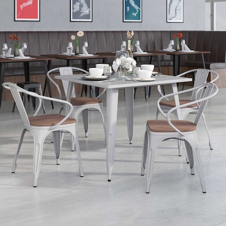 Flash Furniture Silver Metal Chair with Wood Seat and Arms, PK4 4-CH-31270-SIL-WD-GG